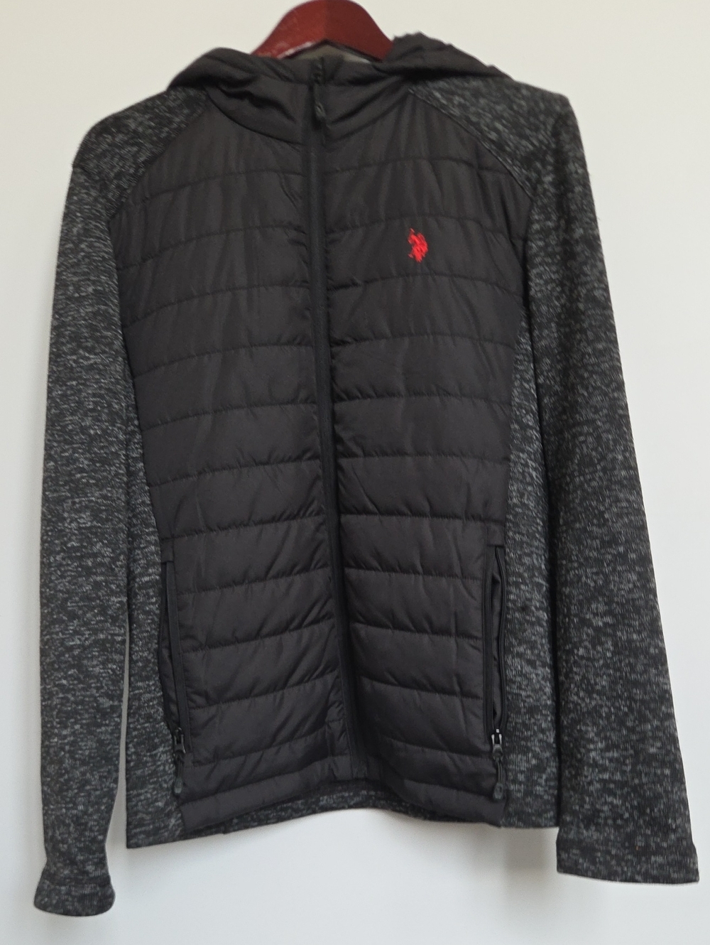 U.S. Polo Assn. Black Quilted Hooded Jacket w/Heathered Gray Sleeves Size Small